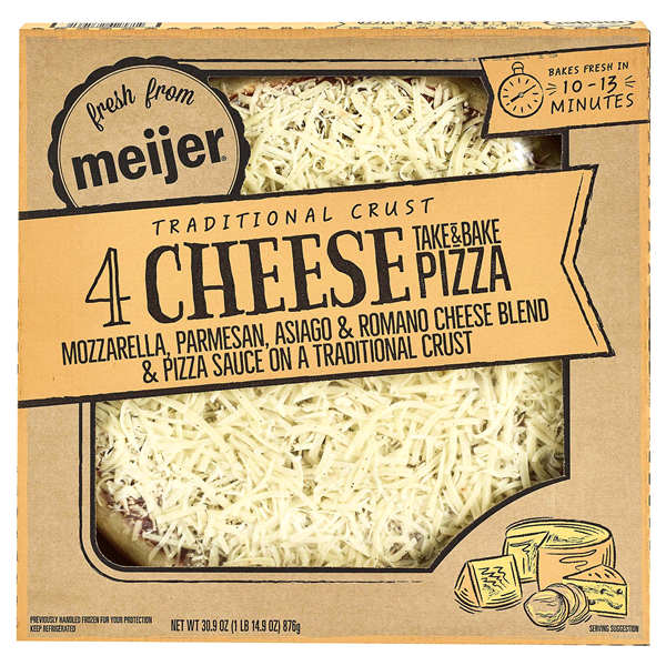 slide 1 of 1, Meijer Traditional Crust Four Cheese Pizza, 14'', 30.9 oz