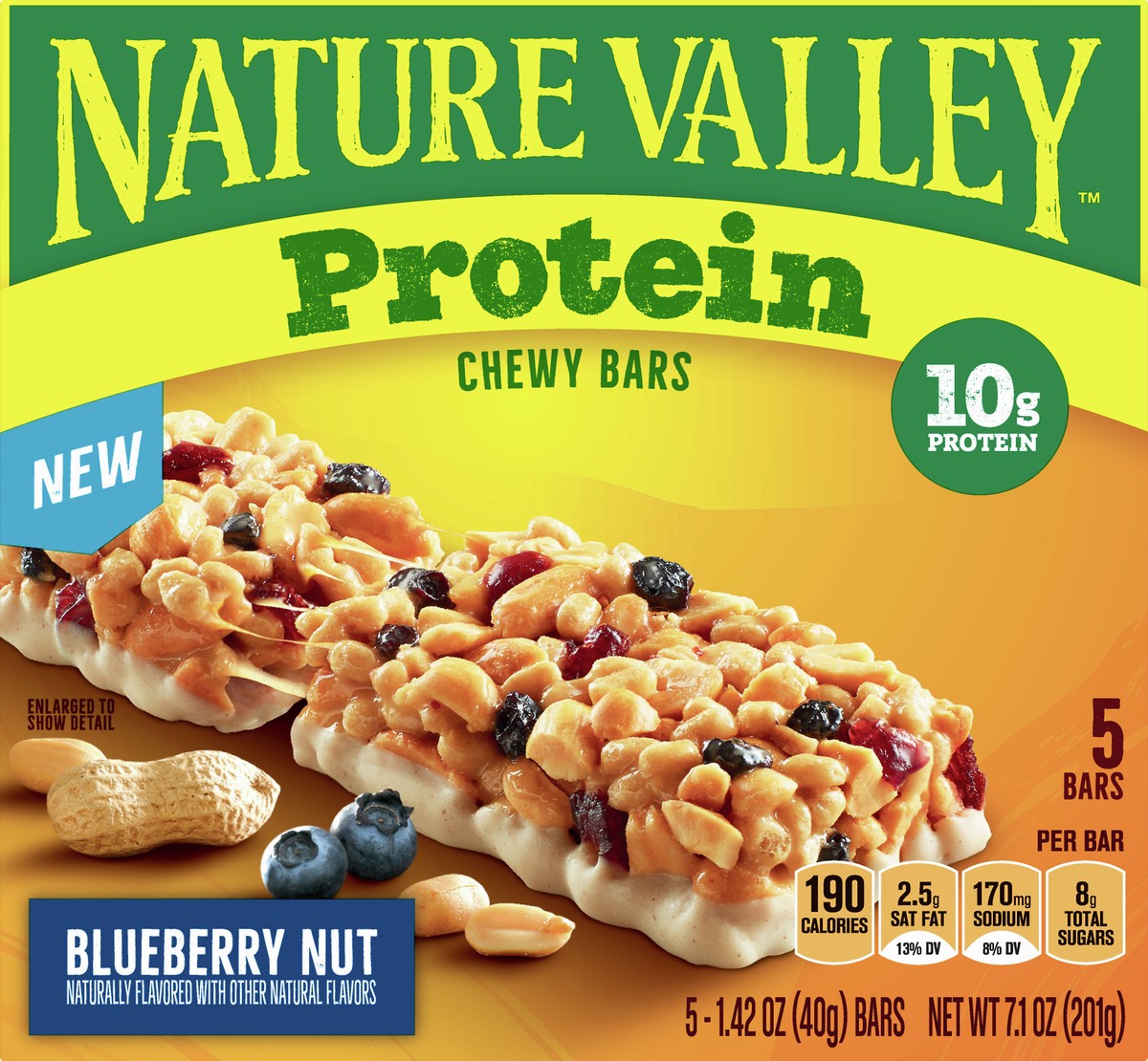 slide 5 of 9, Nature Valley Protein Granola Bars, Blueberry Nut, Chewy Snack Bars, 5 Bars, 7.1 OZ, 5 ct; 1.42 oz