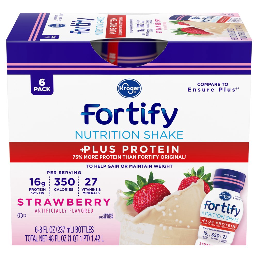 slide 1 of 1, Kroger® Fortify Strawberry +Plus Protein Adult Nutrition Shake, 6 ct; 8 fl oz