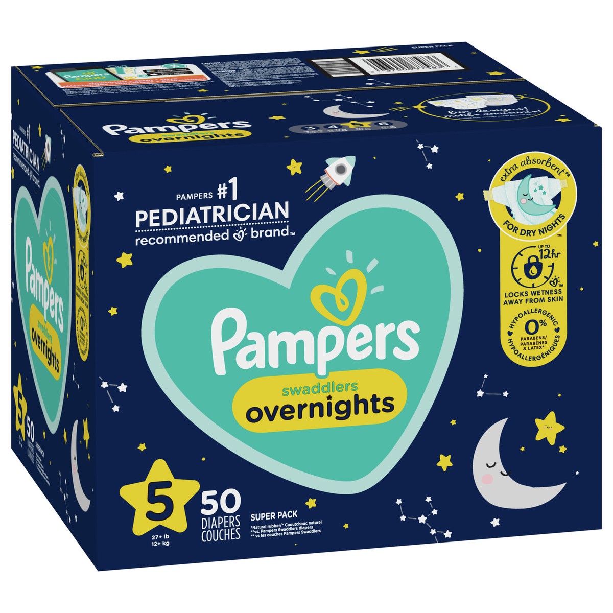 slide 3 of 4, Pampers ZZZ Overnight Diapers, Size 5 (27+ lbs), 50 Count, Nighttime Protection Disposable Baby Diaper, 50 ct