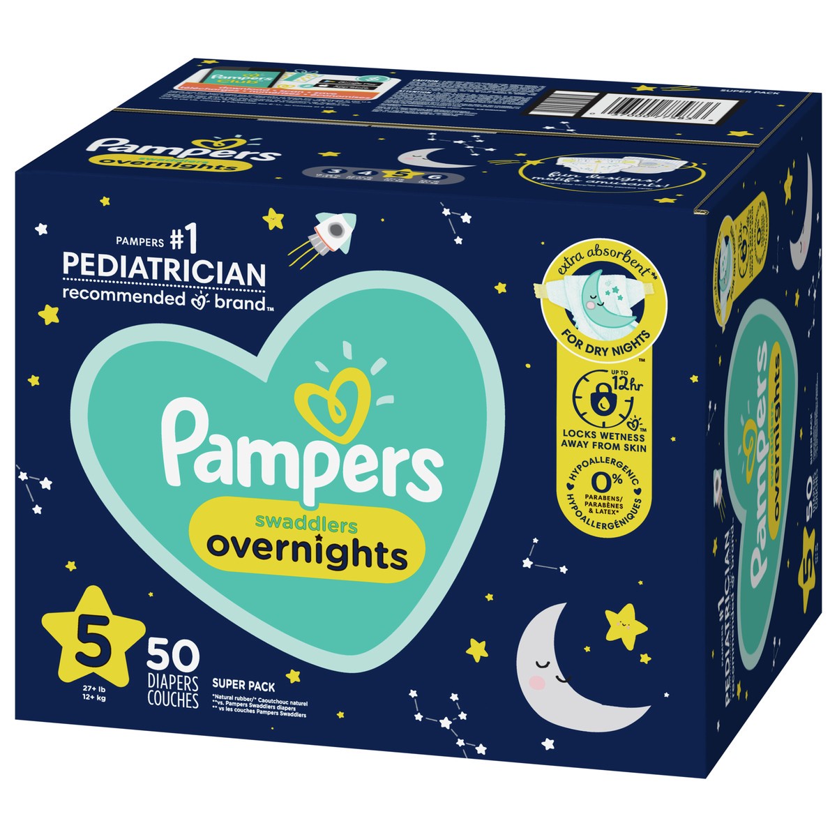 slide 4 of 4, Pampers ZZZ Overnight Diapers, Size 5 (27+ lbs), 50 Count, Nighttime Protection Disposable Baby Diaper, 50 ct