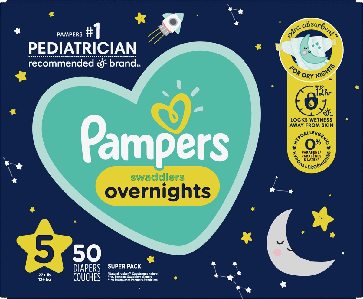 slide 2 of 4, Pampers ZZZ Overnight Diapers, Size 5 (27+ lbs), 50 Count, Nighttime Protection Disposable Baby Diaper, 50 ct