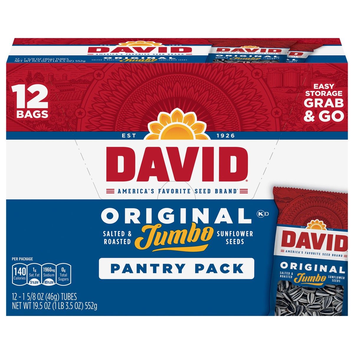 slide 1 of 5, DAVID Original Salted & Roasted Sunflower Seeds Jumbo Pantry Pack Bag 12 - 1.625 oz Tubes, 12 ct, 1.65 oz; 1.65 oz; 1.65 oz; 1.65 oz