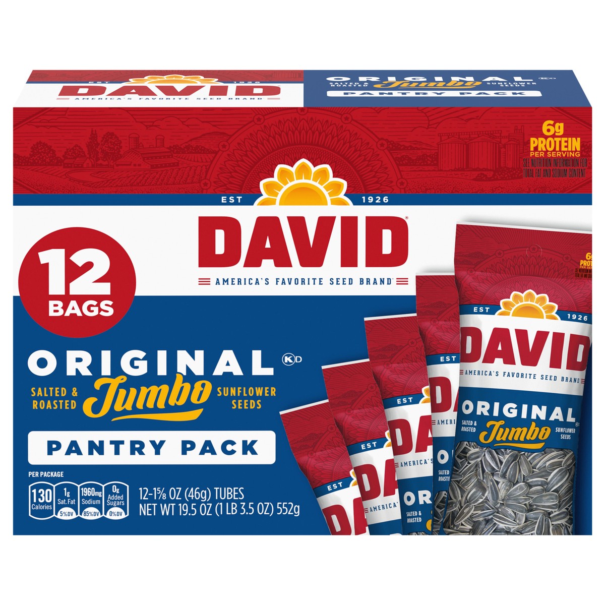 slide 1 of 5, DAVID Jumbo Sunflower Seeds, Original Flavor, 1.625 oz. (Pack of 12), 12 ct