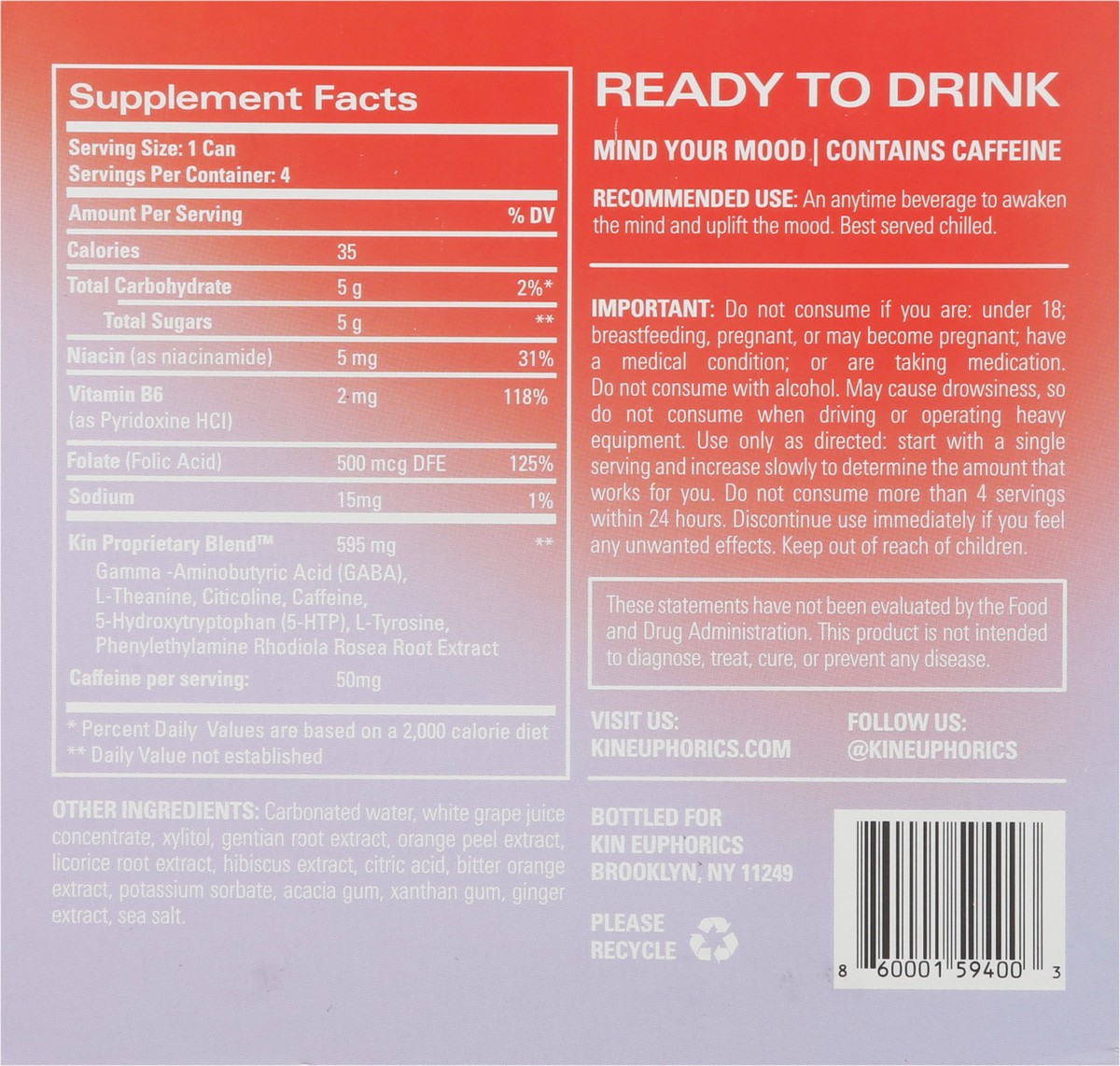 slide 9 of 12, Kin Non Alcoholic Kin Euphoric Enegry Drink, 4 ct