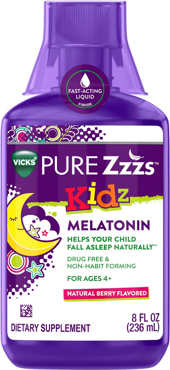 slide 7 of 11, VICKS PURE Zzzs Kidz, Liquid Melatonin Sleep Aid for Kids and Children, Helps Your Child Fall Asleep Naturally, Low Dose Melatonin, Berry Flavored, 8oz, 8 fl oz