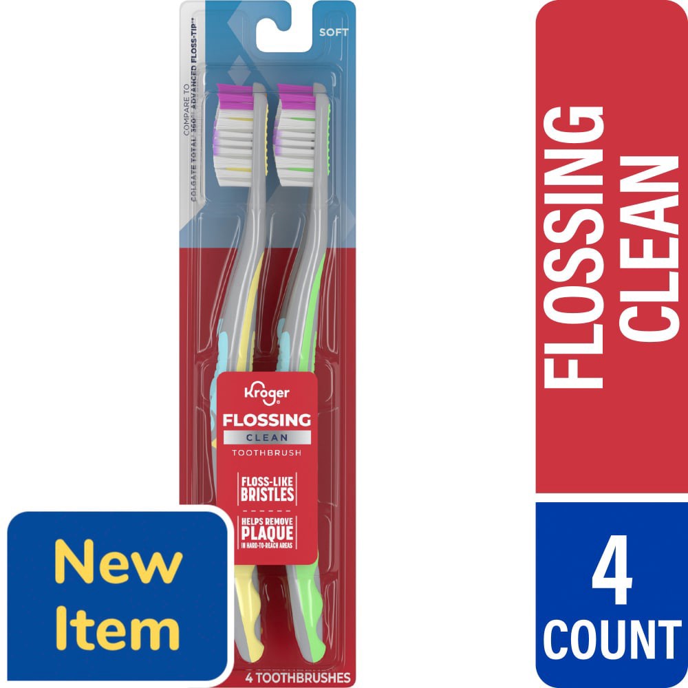slide 1 of 1, Kroger® Flossing Clean Toothbrush with Soft Bristles, 4 ct