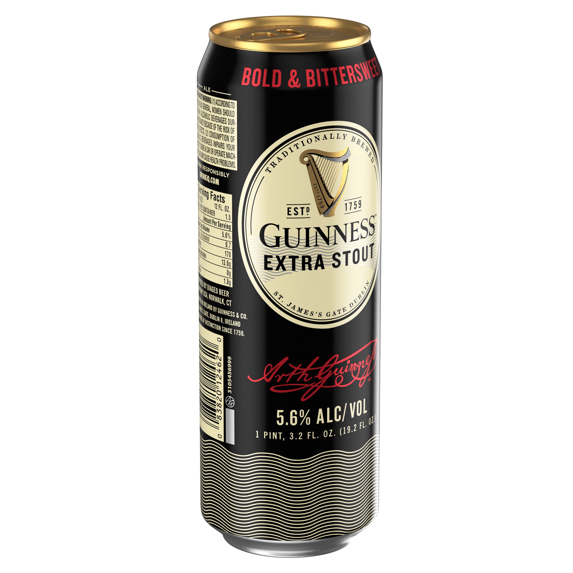 slide 3 of 6, Guinness Extra Stout Beer, 19.2oz Single Can, 5.6% ABV, 19.20 fl oz