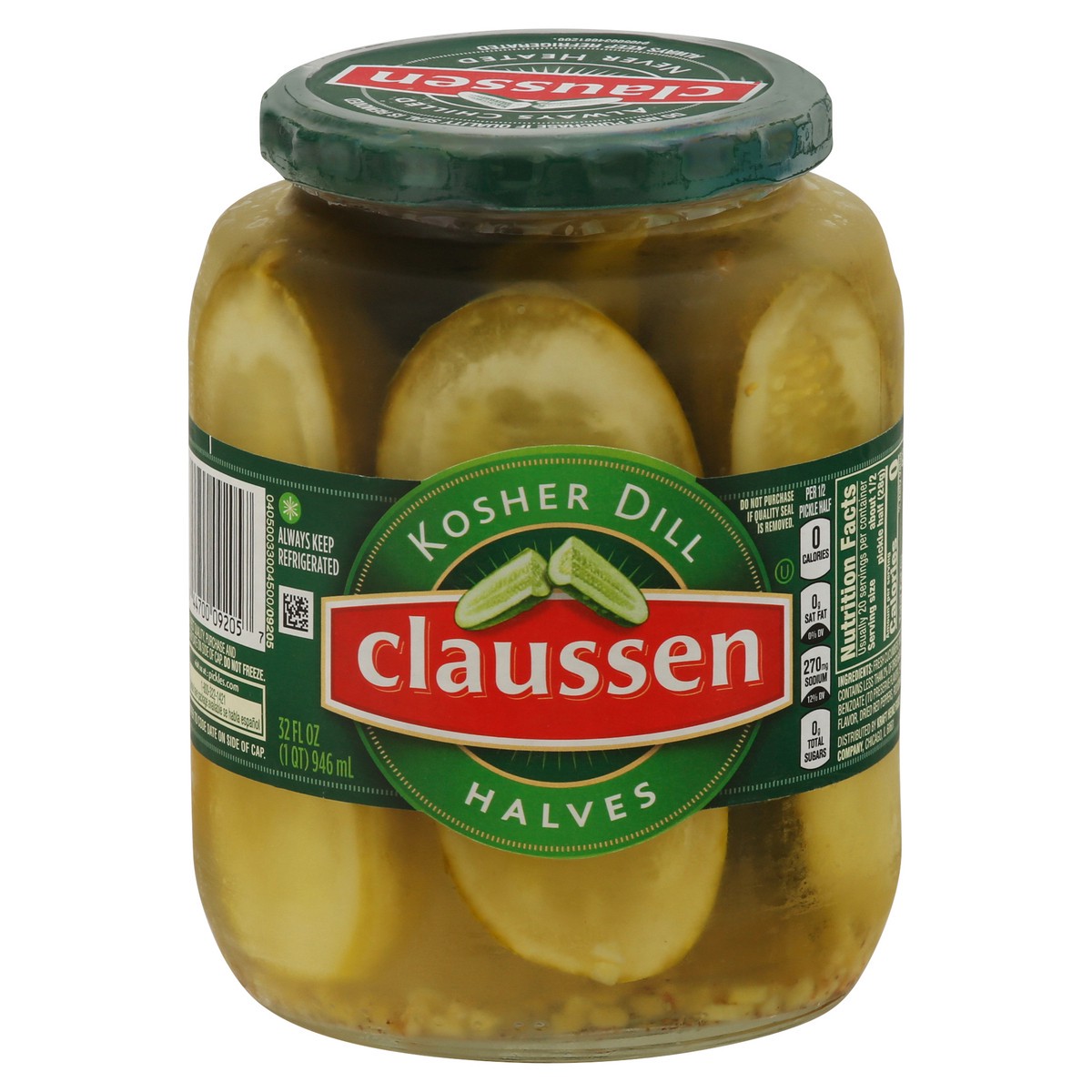 slide 1 of 5, Claussen Halves Kosher Dill Pickles 32 fl oz, 32 fl oz