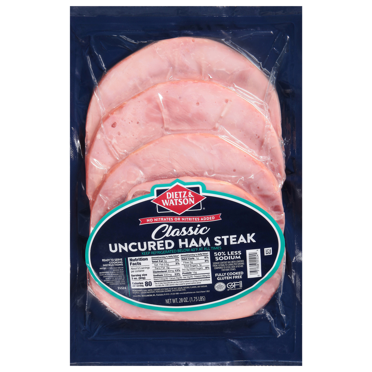 slide 1 of 1, Dietz & Watson Uncured Ham Steak, 28 oz