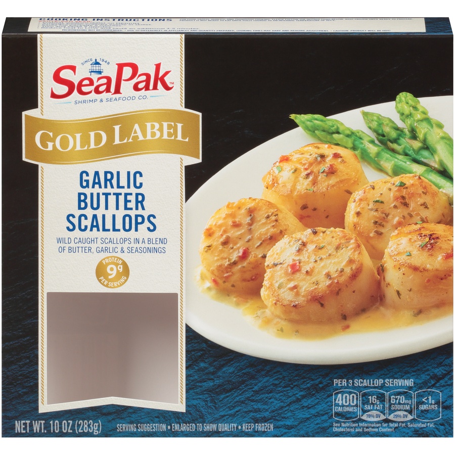 slide 1 of 1, SeaPak Gold Label Garlic Butter Scallops, 10 oz