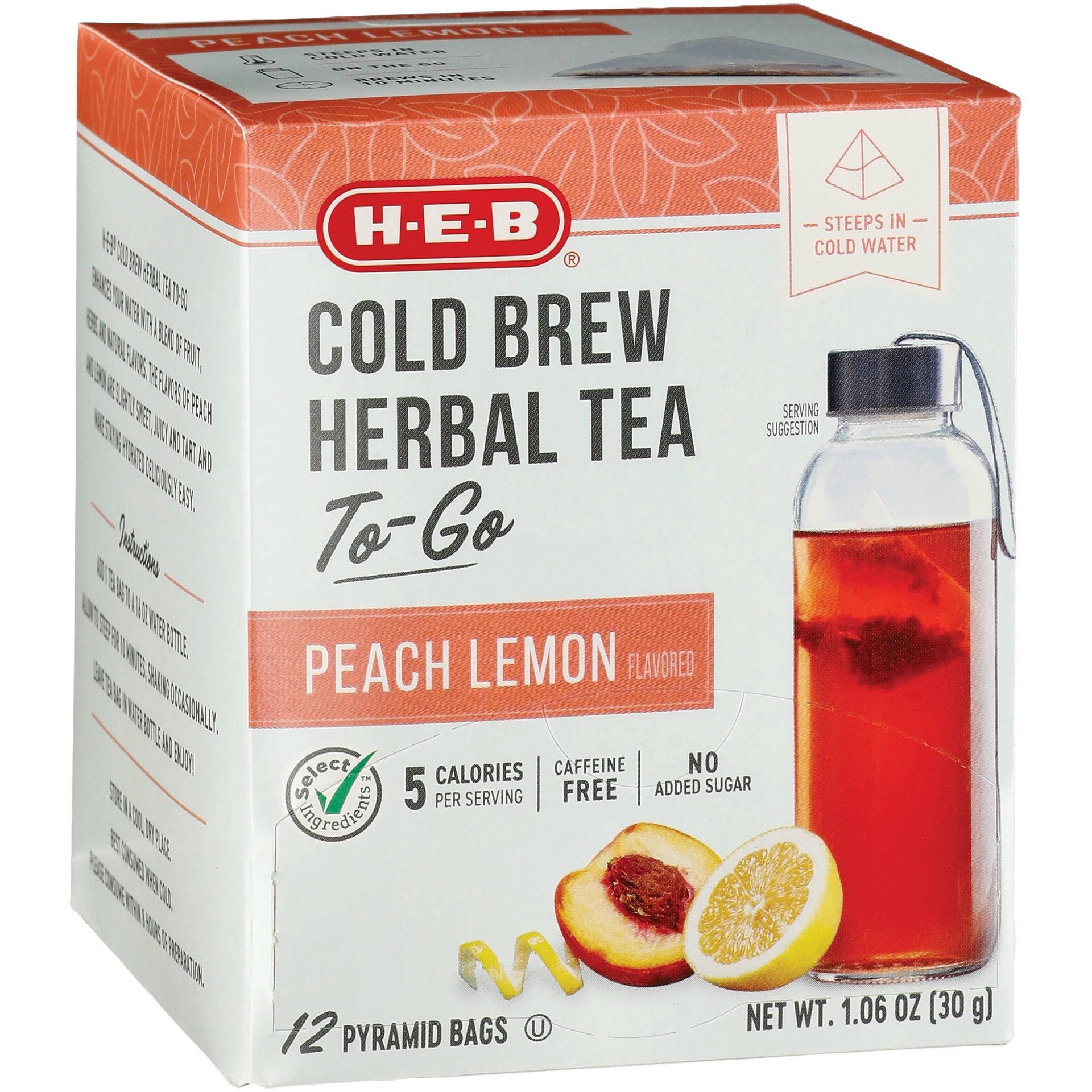 slide 1 of 1, H-E-B Peach Lemon Cold Brew Herbal Tea Bag, 12 ct