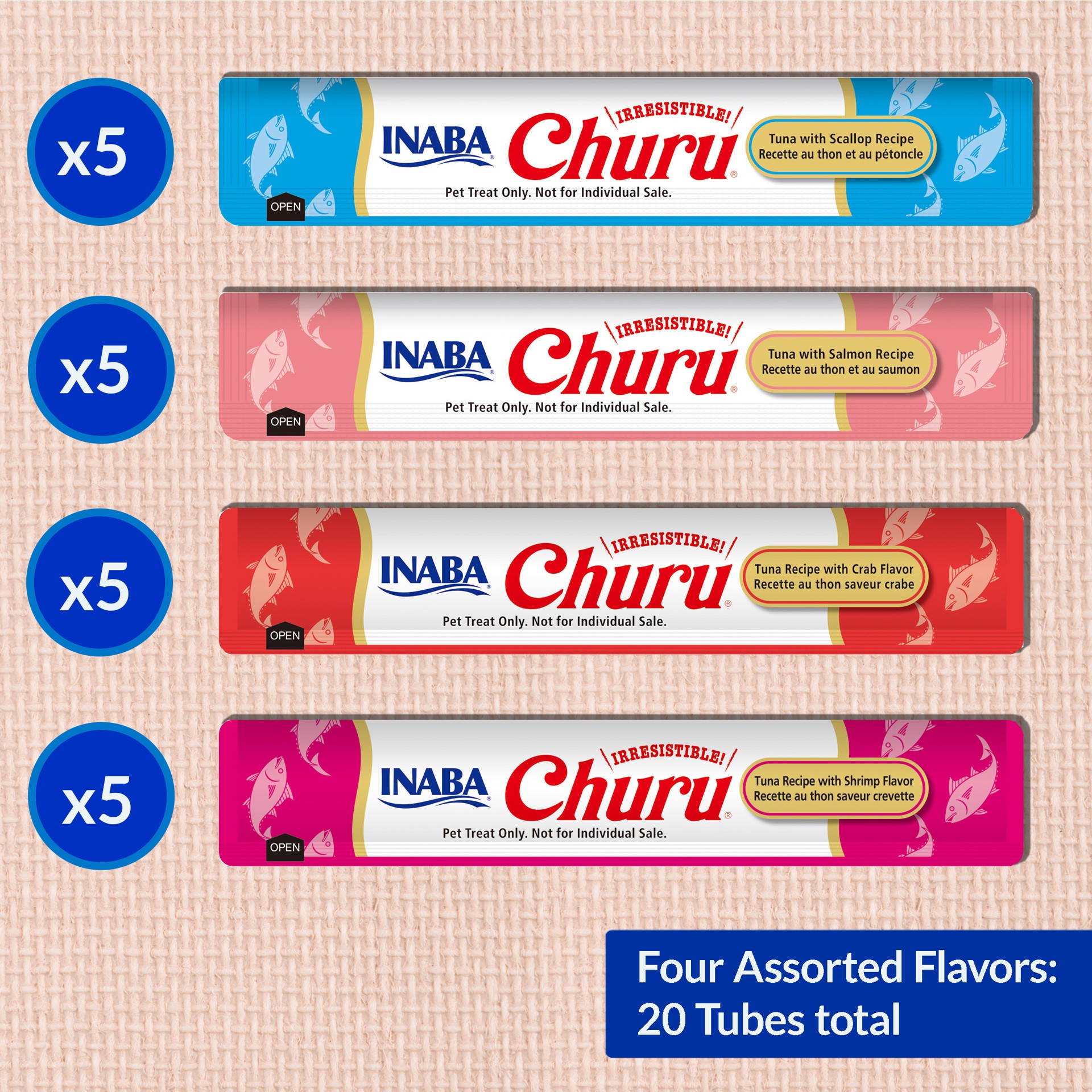 slide 4 of 9, Inaba Churu Cat Treats, Grain-Free, Lickable, Squeezable Creamy Purée Cat Treat with Vitamin E & Taurine, 0.5 Ounces Each Tube, 20 Tubes, Tuna & Seafood Variety Box, 20 ct
