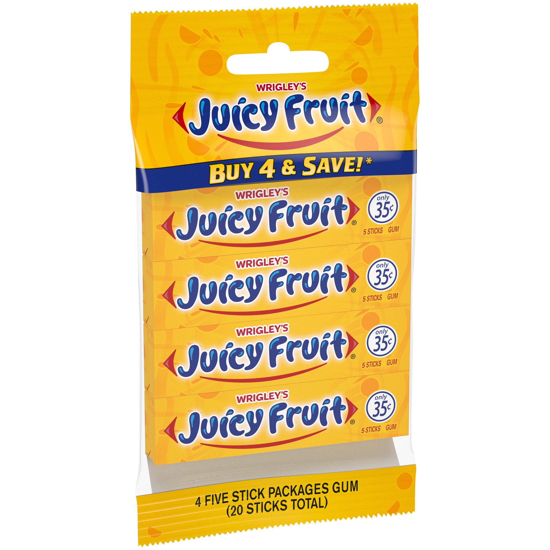 slide 1 of 6, JUICY FRUIT Original Bubble Gum, 5 Stick (Pack of 4), 20 pc