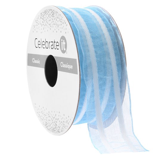 slide 1 of 2, 1" X 3yd. Light Blue Stripe Organza Ribbon By Celebrate It, 1 in x 3 yd