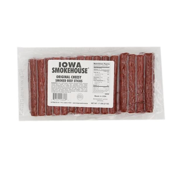 slide 1 of 1, Iowa Smokehouse Original Cheesy Smoked Beef Sticks, 27 oz