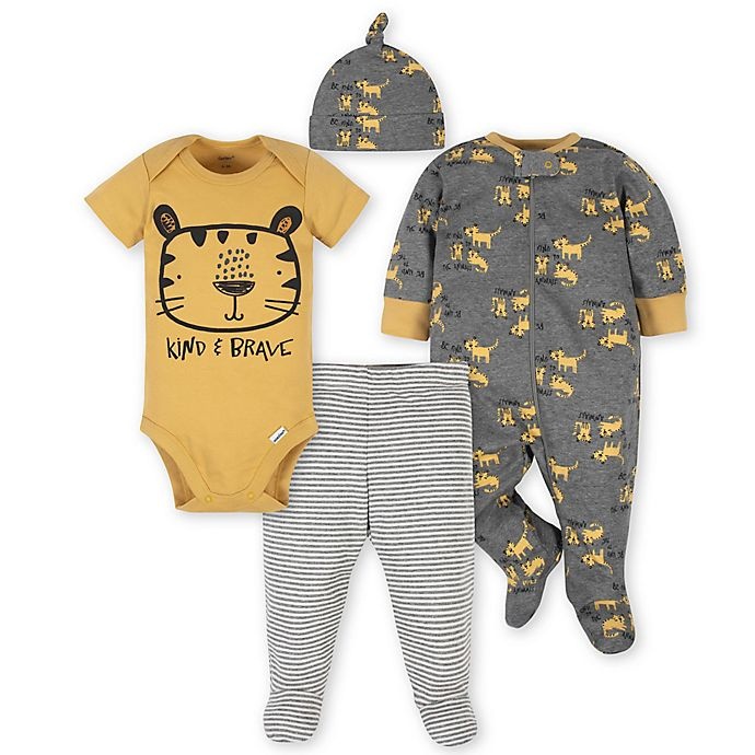 slide 1 of 5, Gerber Newborn Tiger Take Me Home Set - Grey/Gold, 4 ct