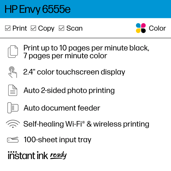 slide 5 of 10, Hp Envy 6555E Wireless All-In-One Color Inkjet Printer, Print, Scan, Copy, Duplex Printing Best For Home, 3 Months Of Free Ink (714N5A), 1 ct