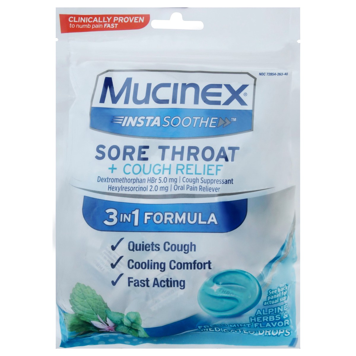 slide 7 of 9, Mucinex InstaSoothe Sore Throat + Cough Relief Alpine Herbs & Mint Flavor Medicated Drops 40 ea, 40 ct