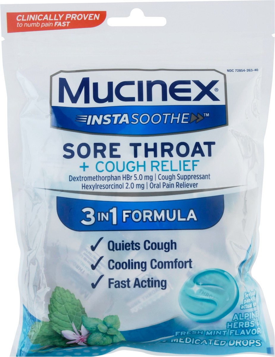slide 1 of 9, Mucinex InstaSoothe Sore Throat + Cough Relief Alpine Herbs & Mint Flavor Medicated Drops 40 ea, 40 ct