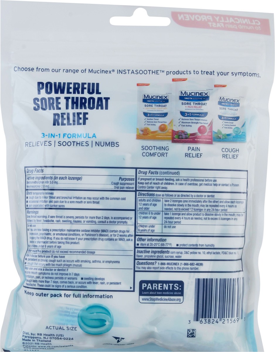 slide 5 of 9, Mucinex InstaSoothe Sore Throat + Cough Relief Alpine Herbs & Mint Flavor Medicated Drops 40 ea, 40 ct