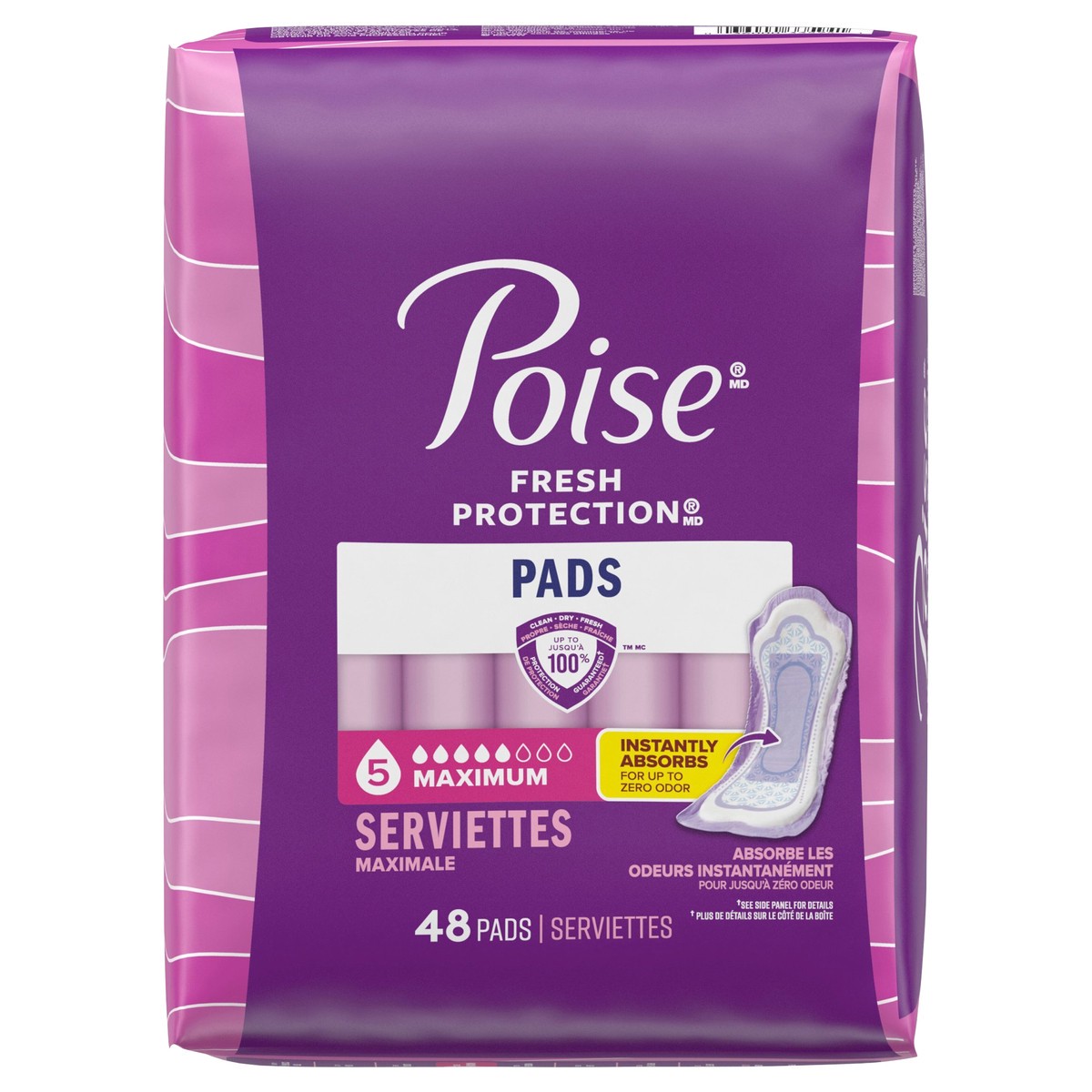 slide 1 of 5, Poise Incontinence & Postpartum Pads for Bladder Leaks, 5 Drop Maximum Absorbency, Regular Length, 48 Count, 48 ct