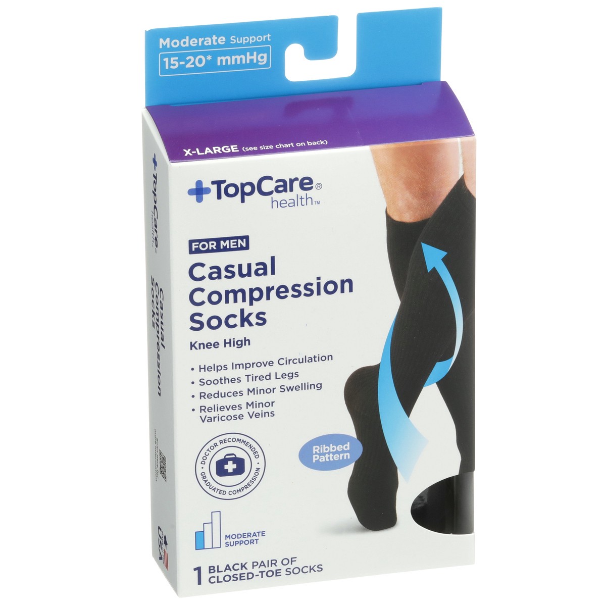 slide 7 of 8, TopCare Topcare Health Men X-Large Casual Compression Socks Knee High, Black Ribbed Patern, 1 pair