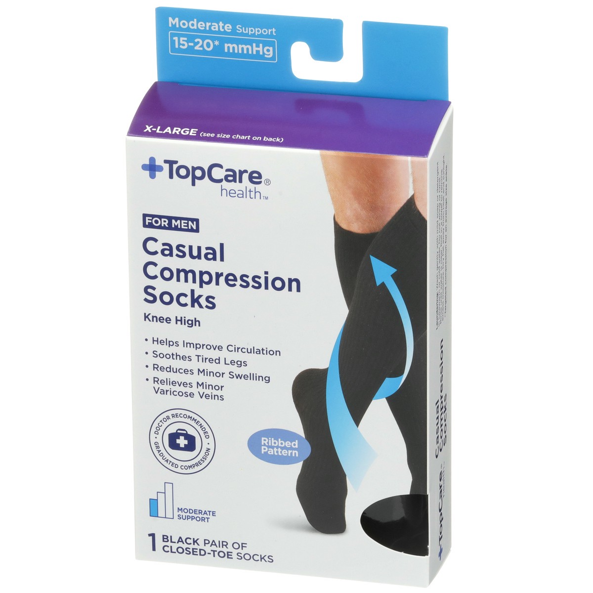 slide 8 of 8, TopCare Topcare Health Men X-Large Casual Compression Socks Knee High, Black Ribbed Patern, 1 pair