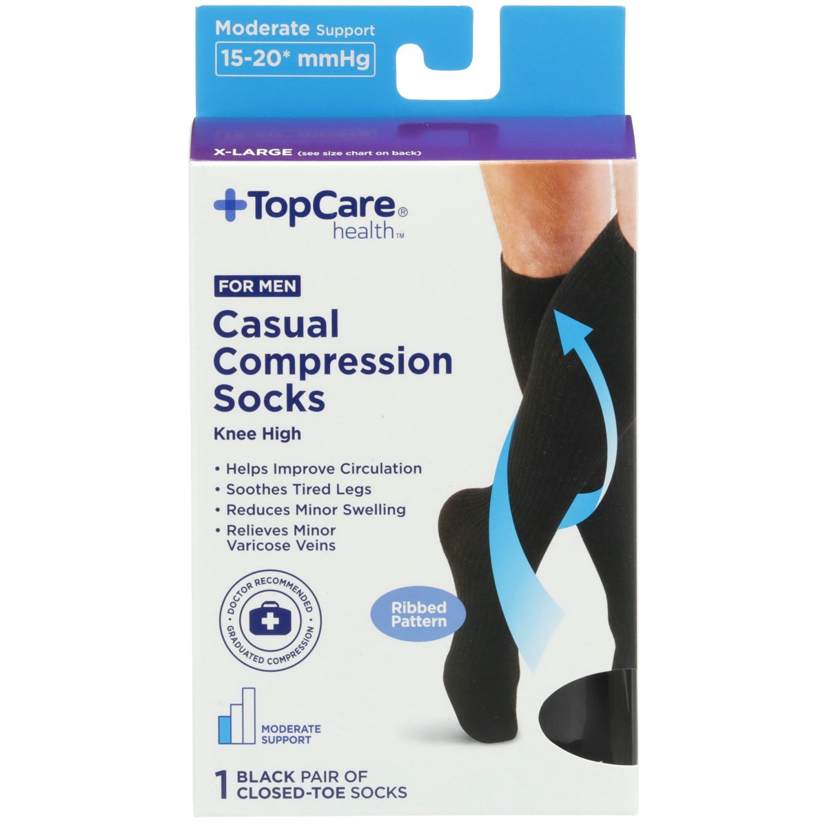 slide 6 of 8, TopCare Topcare Health Men X-Large Casual Compression Socks Knee High, Black Ribbed Patern, 1 pair