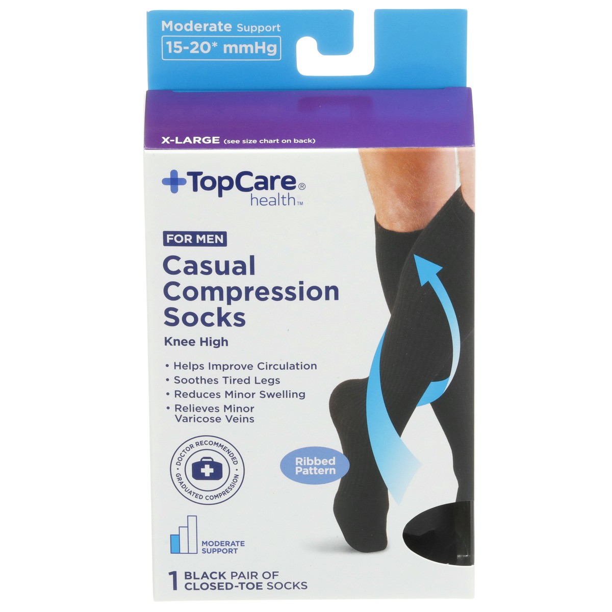 slide 1 of 8, TopCare Topcare Health Men X-Large Casual Compression Socks Knee High, Black Ribbed Patern, 1 pair