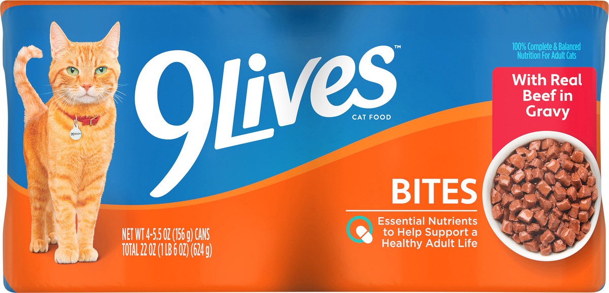 slide 11 of 15, 9 Lives Bites Real Beef In, 22 oz