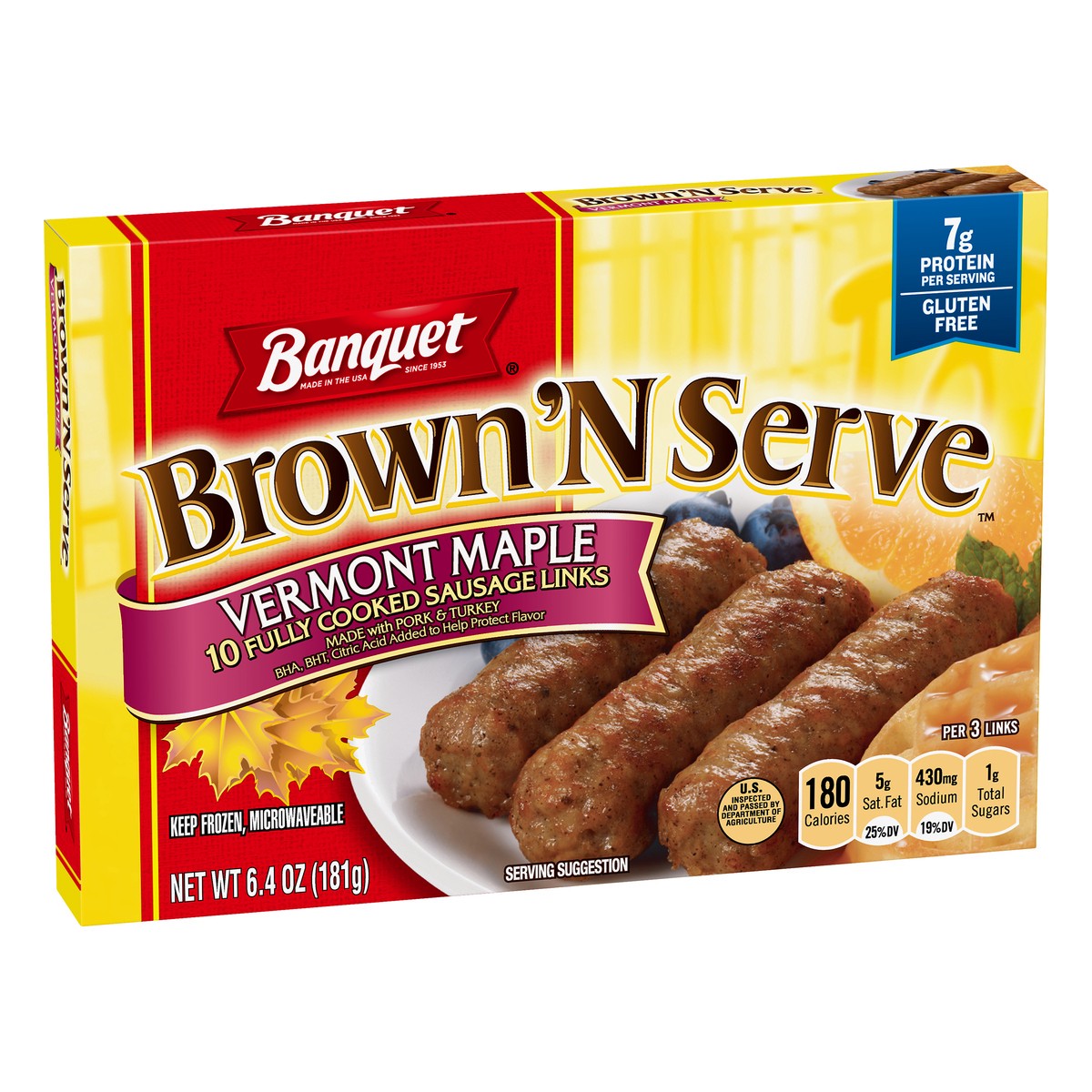 slide 7 of 9, Banquet Brown ‘N Serve Vermont Maple Fully Cooked Sausage Links, Frozen Meat, 10 Count, 6.4 OZ, 