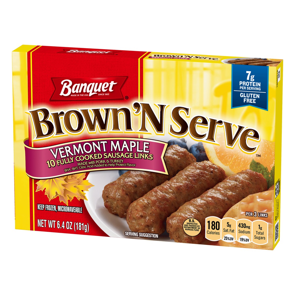 slide 6 of 9, Banquet Brown ‘N Serve Vermont Maple Fully Cooked Sausage Links, Frozen Meat, 10 Count, 6.4 OZ, 