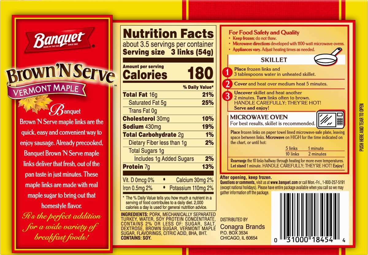 slide 8 of 9, Banquet Brown ‘N Serve Vermont Maple Fully Cooked Sausage Links, Frozen Meat, 10 Count, 6.4 OZ, 