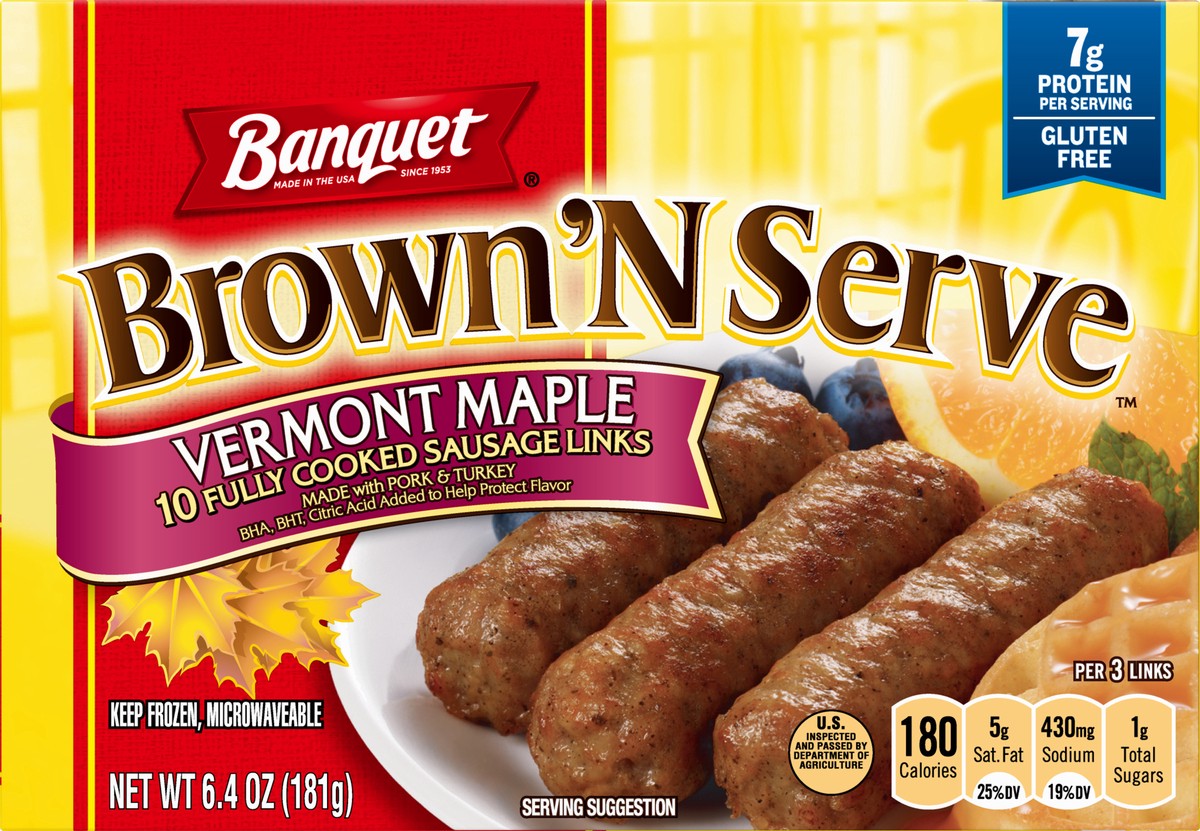 slide 1 of 9, Banquet Brown'N Serve Vermont Maple Fully Cooked Sausage Links, Frozen Breakfast, 6.4 oz., 10 ct