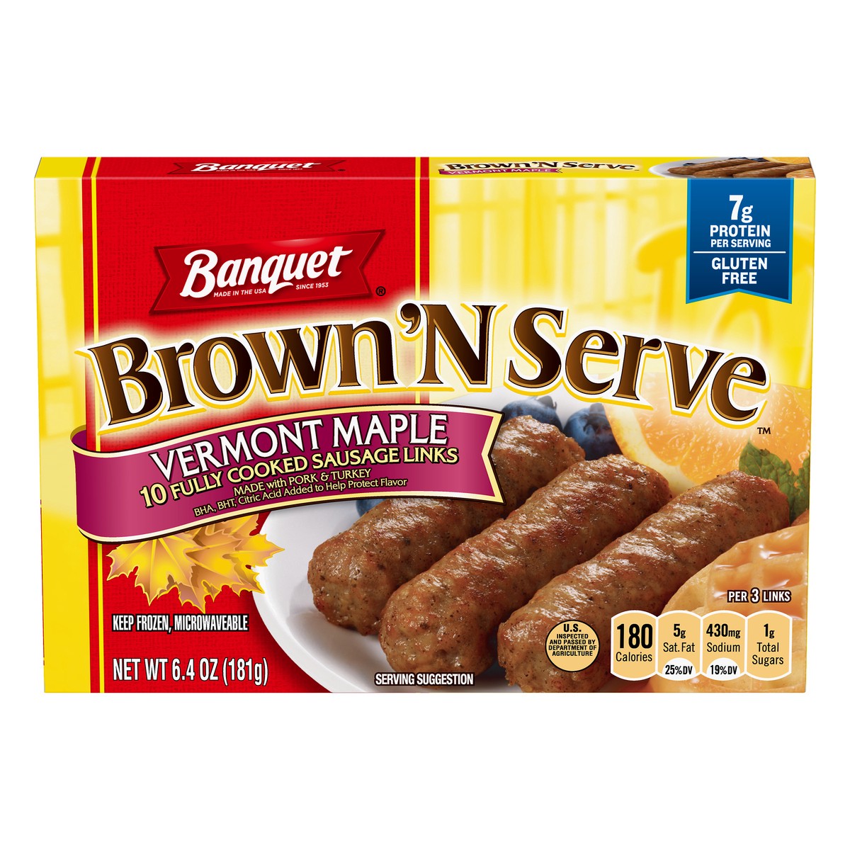 slide 1 of 9, Banquet Brown ‘N Serve Vermont Maple Fully Cooked Sausage Links, Frozen Meat, 10 Count, 6.4 OZ, 