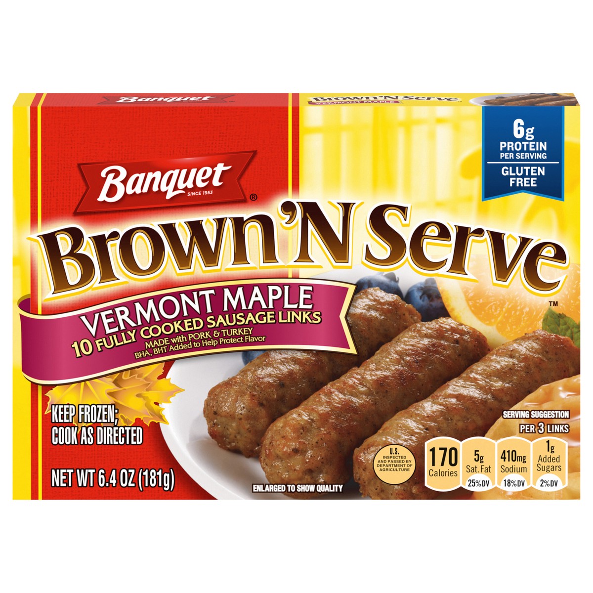 slide 1 of 9, Banquet Brown 'N Serve Vermont Maple Sausage Links 10 ea, 10 ct