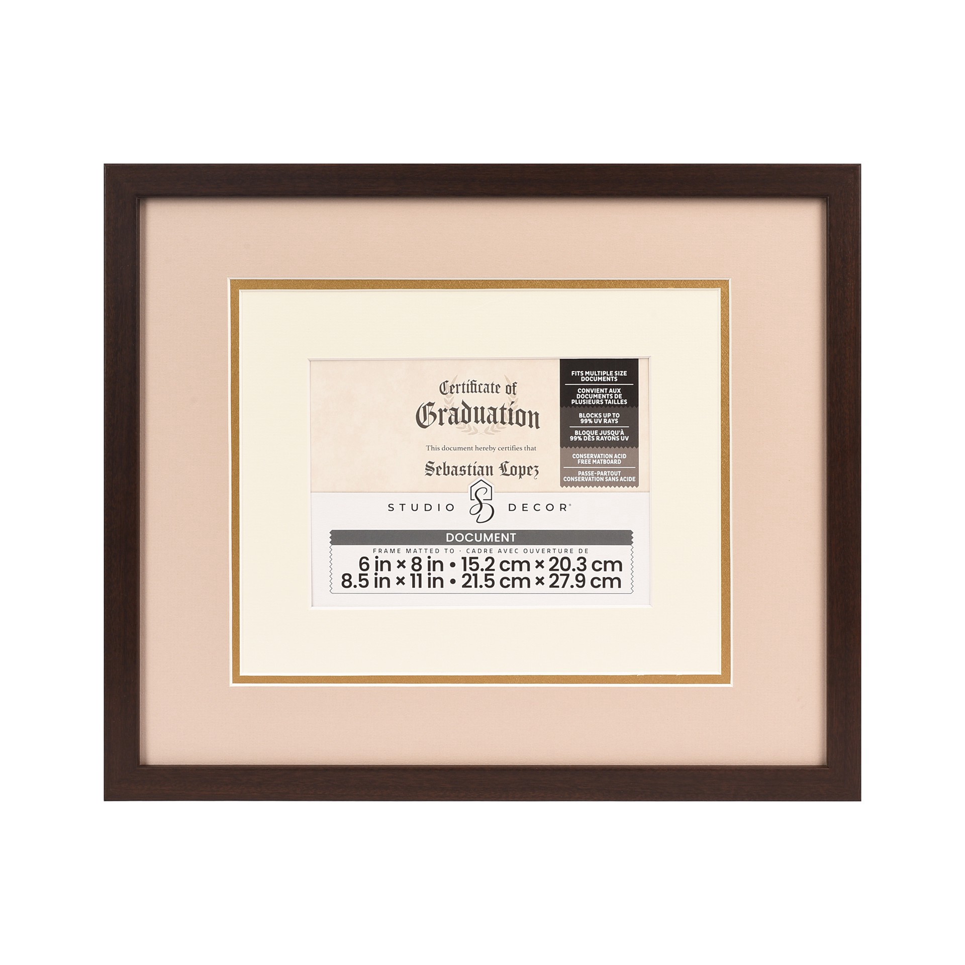 slide 2 of 4, 6" X 8" Walnut Document Frame With Triple Mat By Studio Decor, 6 in x 8 in