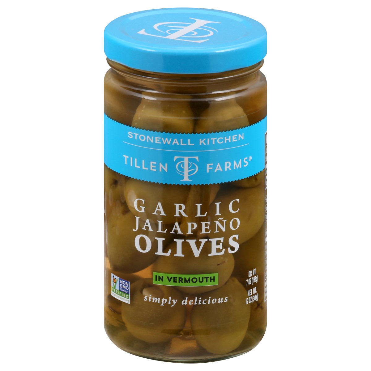 slide 9 of 13, Tillen Farms Garlic Jalapeno Olives in Vermouth 12 oz, 12 oz