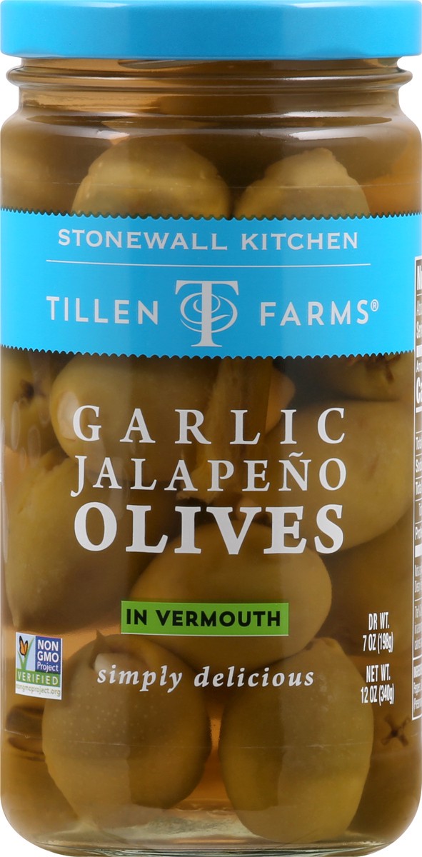 slide 5 of 13, Tillen Farms Garlic Jalapeno Olives in Vermouth 12 oz, 12 oz