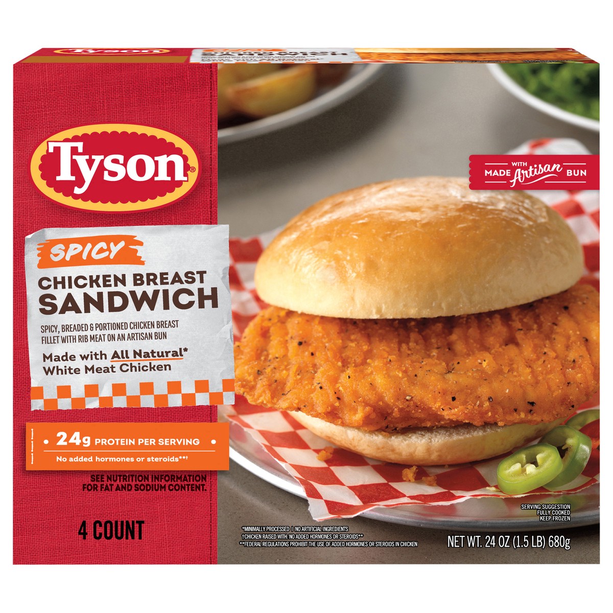 slide 1 of 5, Tyson Spicy Chicken Breast Sandwich, 24 oz, 4 ct Box, 4 ct