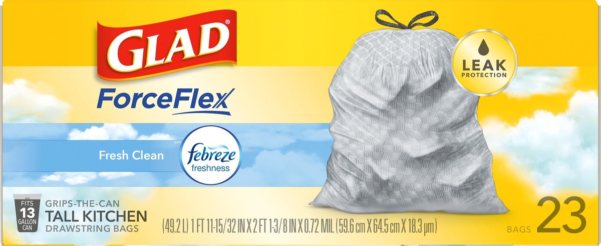 slide 4 of 9, Glad ForceFlex Tall Kitchen Drawstring Trash Bags – 13 Gallon Trash Bag, Fresh Clean scent with Febreze Freshness – 23 Count, 23 ct