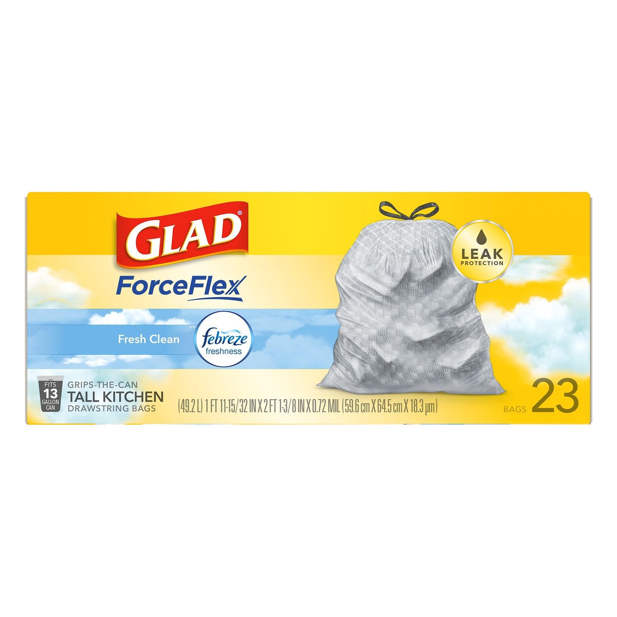 slide 1 of 9, Glad ForceFlex Tall Kitchen Drawstring Trash Bags – 13 Gallon Trash Bag, Fresh Clean scent with Febreze Freshness – 23 Count, 23 ct