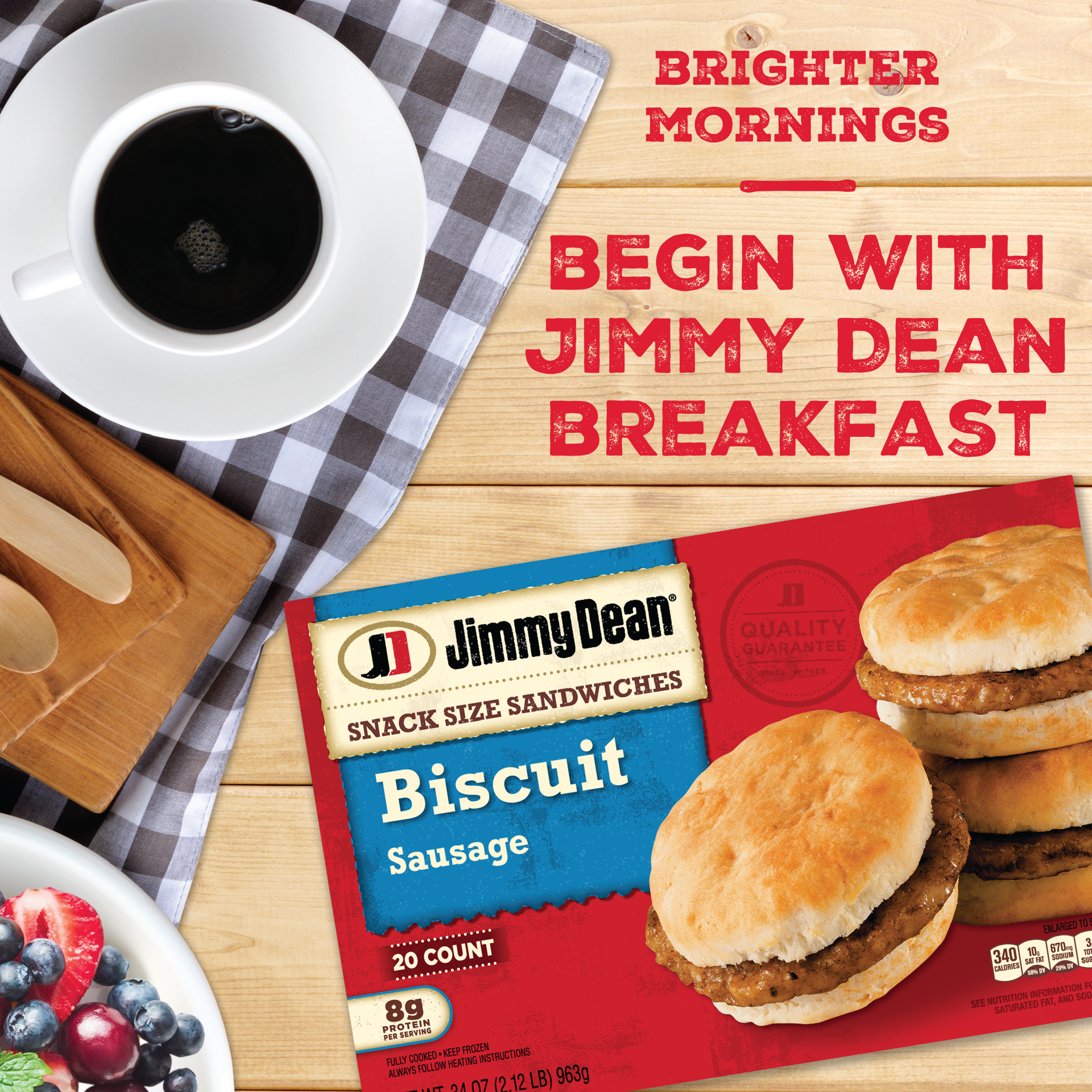 slide 9 of 10, Jimmy Dean Snack Size Biscuit Breakfast Sandwiches with Sausage, Frozen, 20 Count, 963.88 g