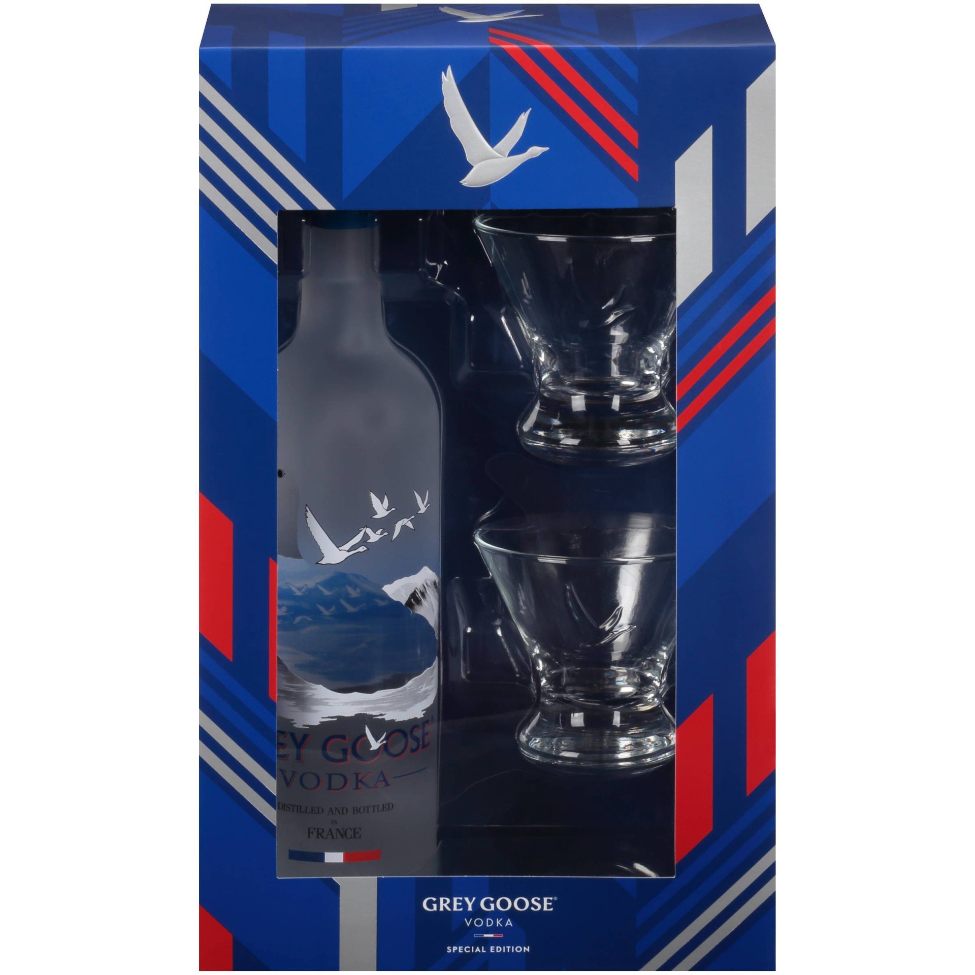 slide 1 of 5, Grey Goose Vodka Holiday Gift Set Bottle with Stemless Martini Glasses, 750 ml