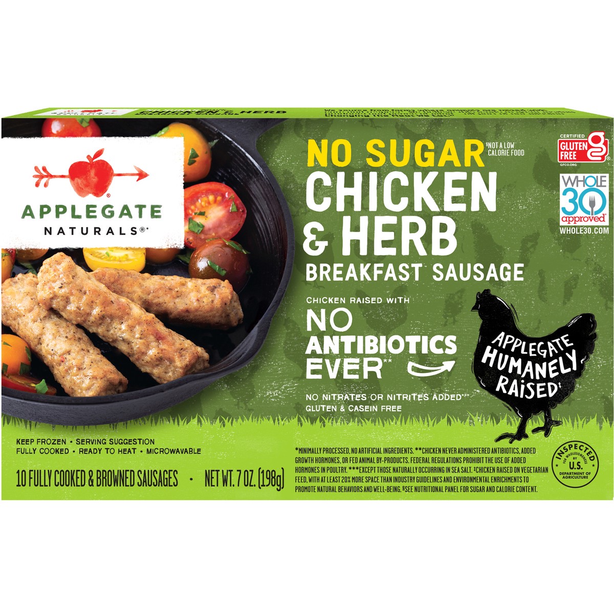 slide 1 of 9, Applegate Natural No Sugar Chicken & Herb Breakfast Sausage (Frozen), 7 oz