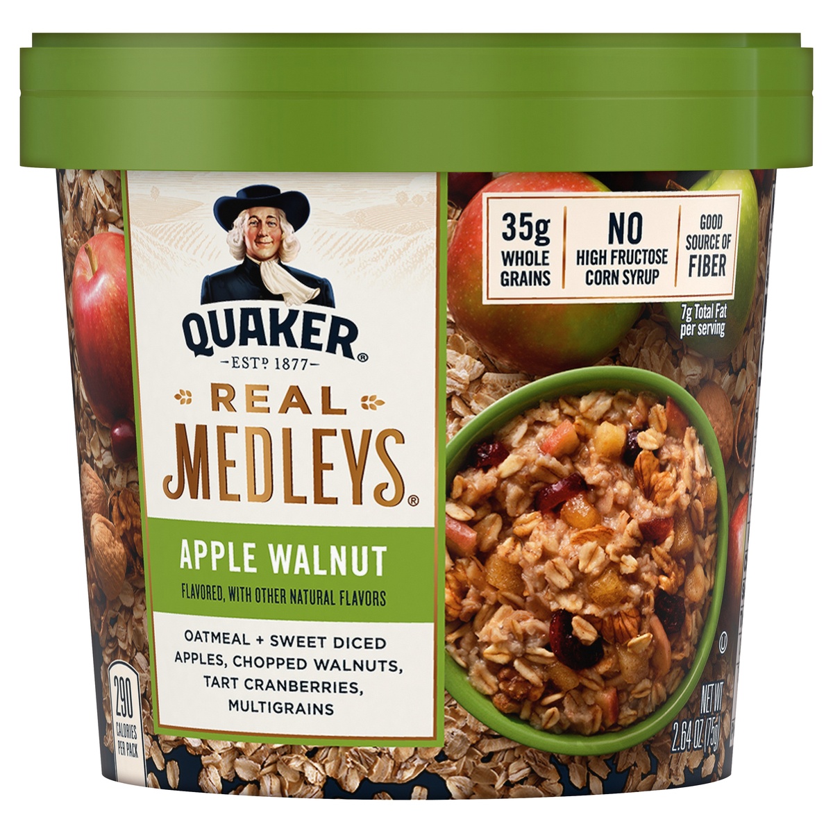 slide 1 of 7, Quaker Real Medleys Apple Walnut Oatmeal Cup, 2.64 oz