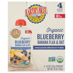 Earth's Best Stage 2 Blueberry Banana Flax & Oat Organic Wholesome Breakfast Puree 4-4 oz. Pouches
