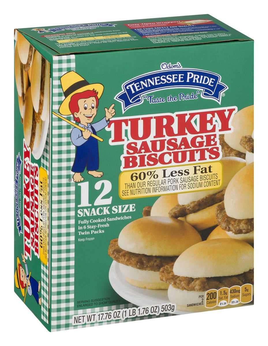 slide 7 of 9, ODOM'S TENNESSEE PRIDE Turkey Sausage Biscuits, Snack-Size Frozen Breakfast Sandwiches, 12 Count, 17.8 oz