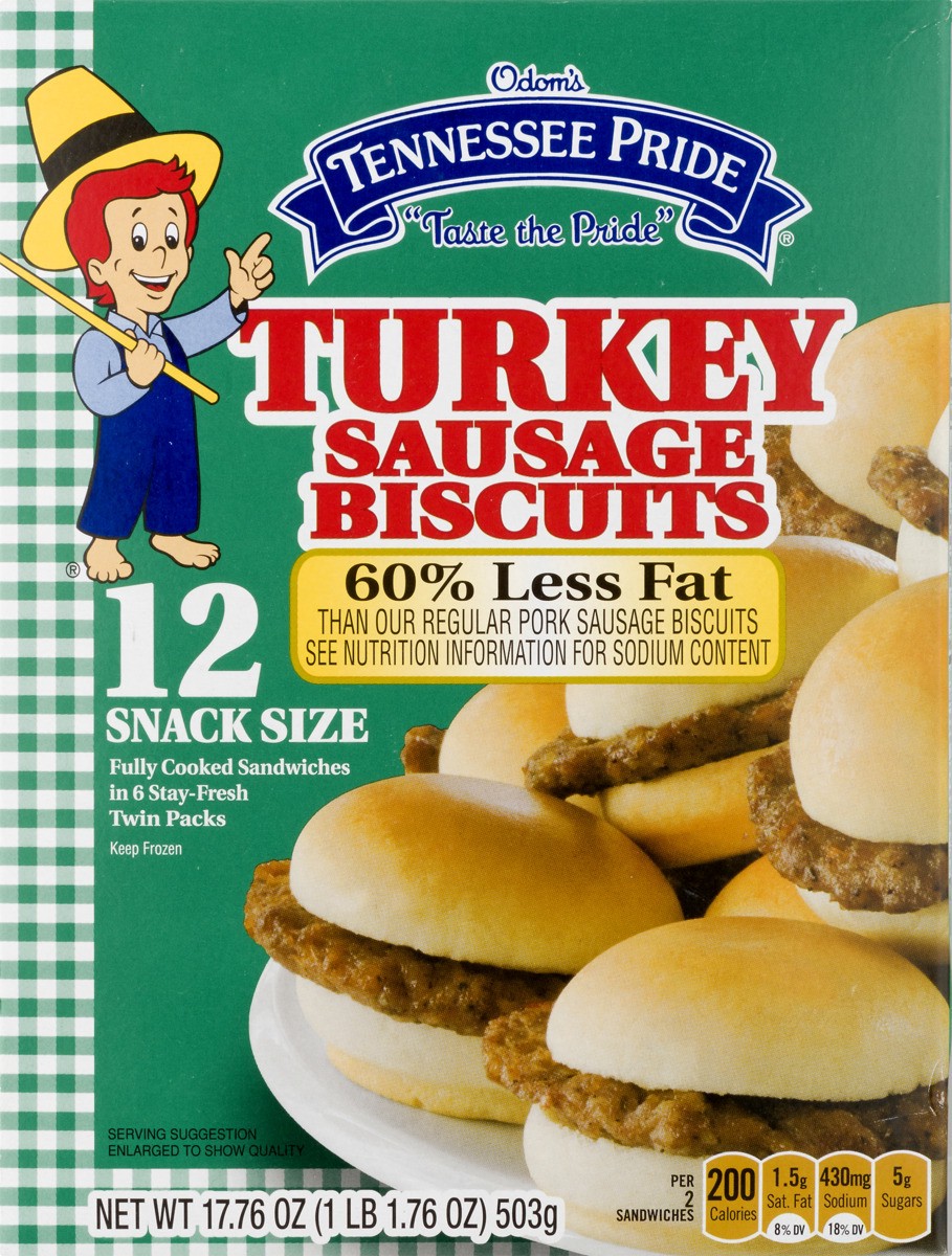 slide 9 of 9, ODOM'S TENNESSEE PRIDE Turkey Sausage Biscuits, Snack-Size Frozen Breakfast Sandwiches, 12 Count, 17.8 oz